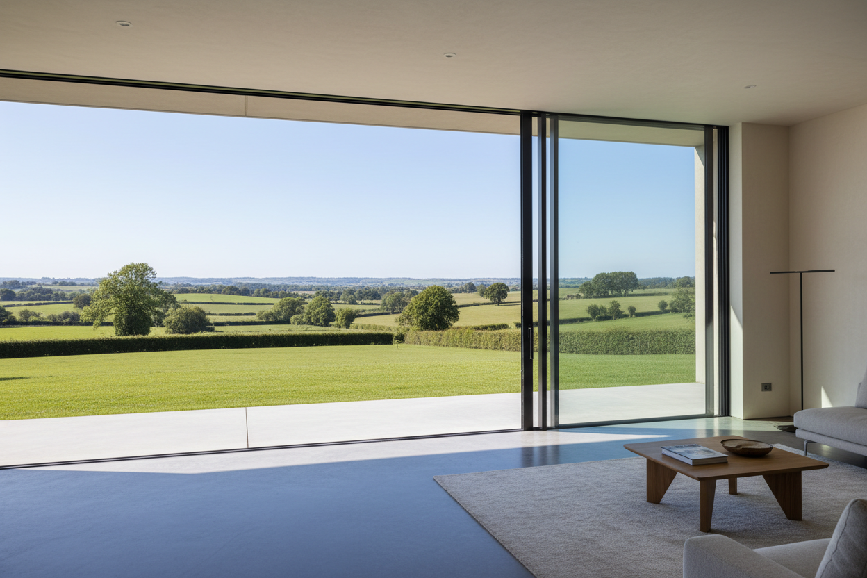 generate a photo for a aluminium panoramic view sliding door. the frame of the door needs to be barely noticeable. the background of the photo should be a luxury property with beautiful farmland view. the view needs to be looking out from inside of the property into the stacker door.
