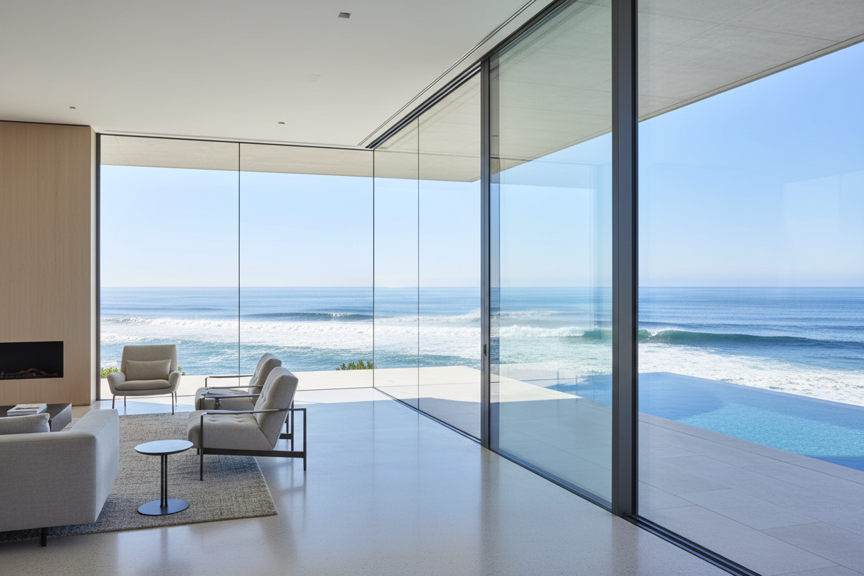 generate a photo for aluminium windows and doors with no frame in a luxury property with beautiful ocean views.