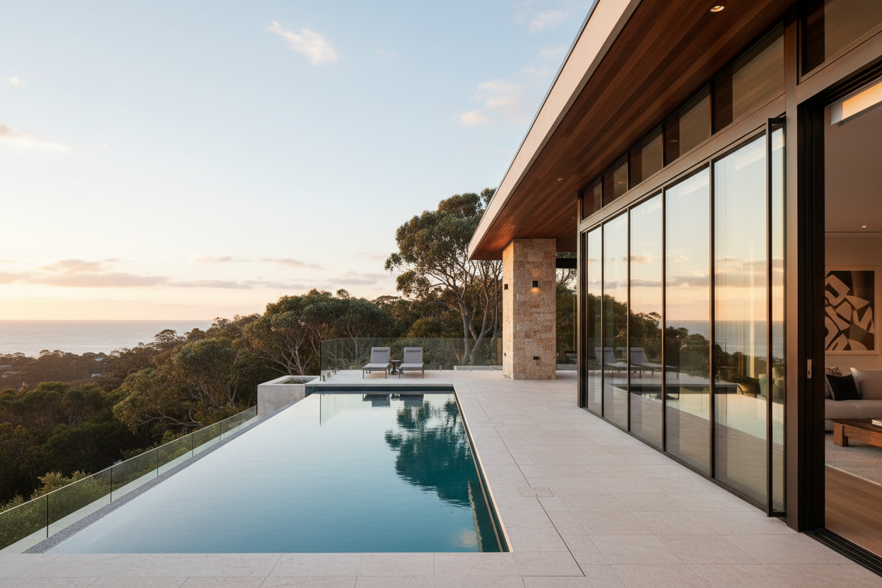 generate a photo for architectural windows and doors using an australian property as background. the property needs to be luxury. 