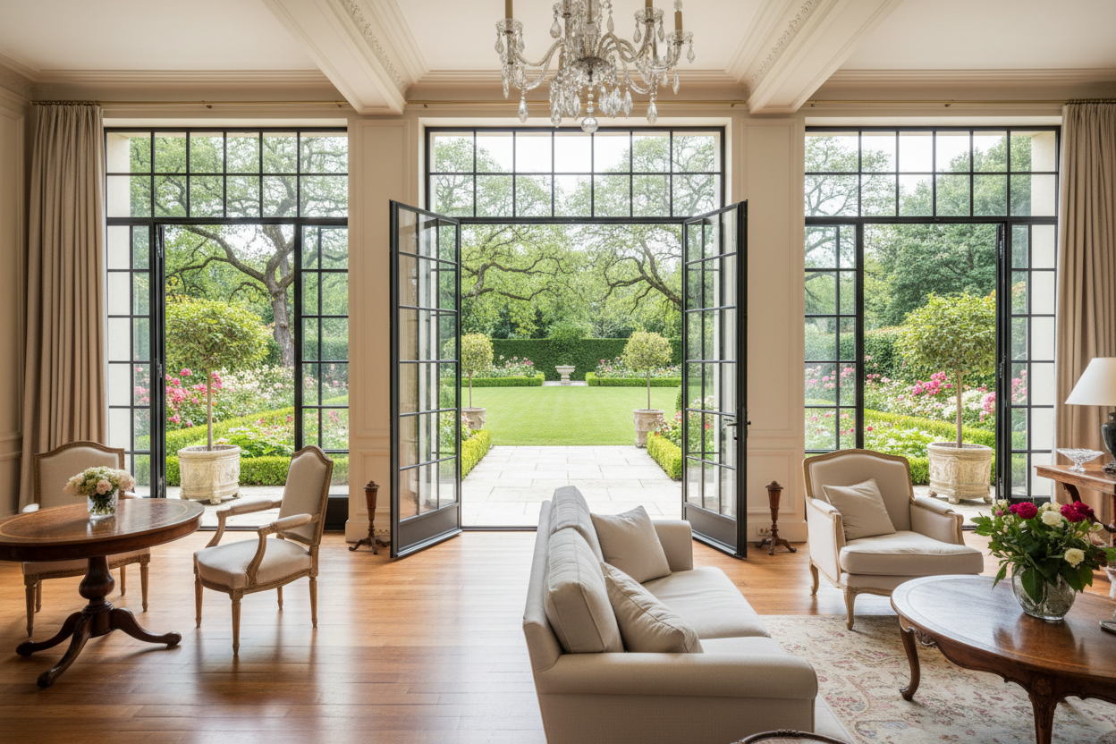 generate a photo for french style aluminium windows and doors within a french style property overlooking landscaped backyard.