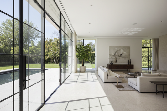 generate a photo for steel windows and doors in a large luxury property.