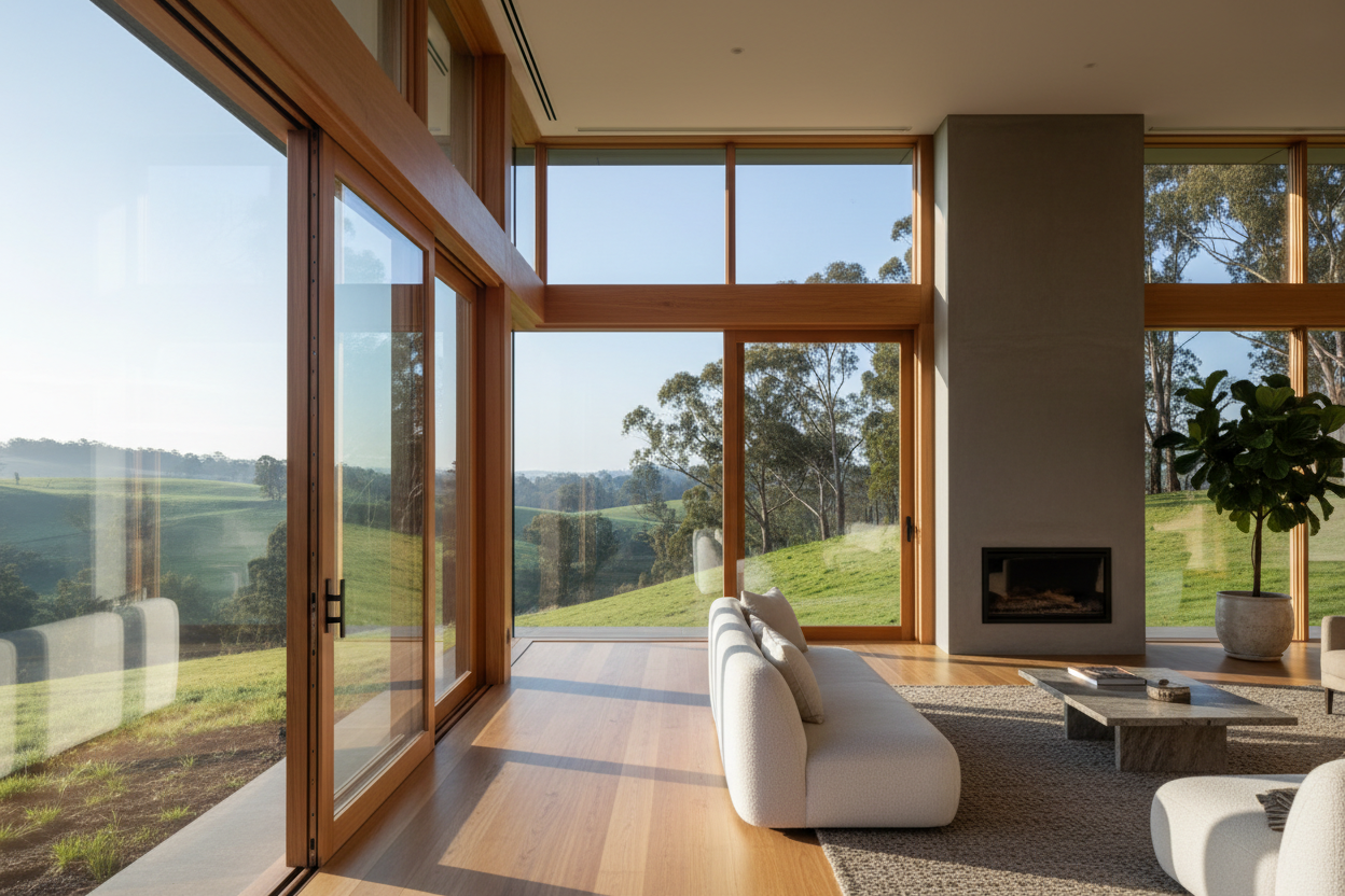 generate a photo for wood-alu windows and doors in a luxury property with beautiful australian winter views.
