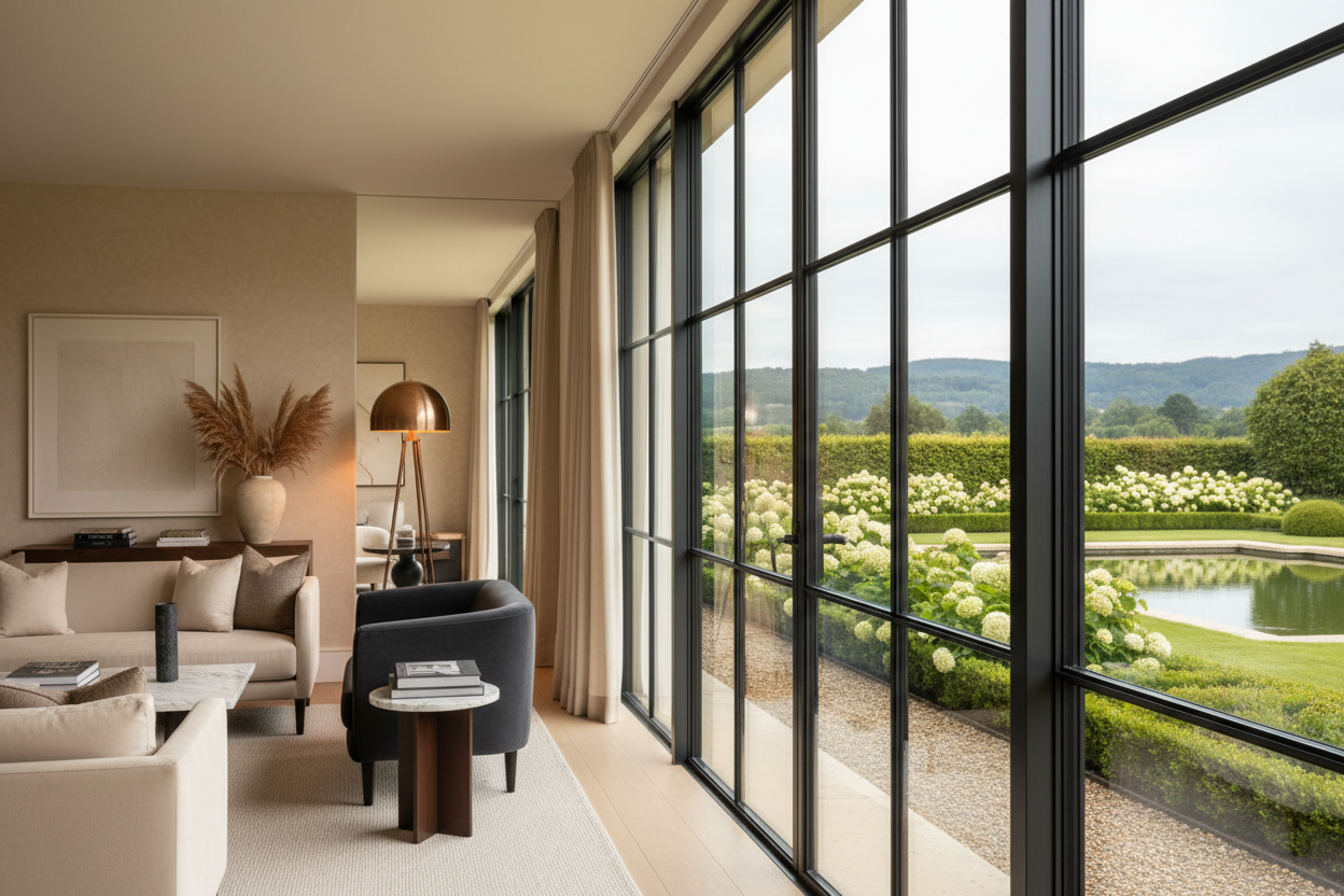 generate a photo to show nice aluminium windows within a beautiful botique property.