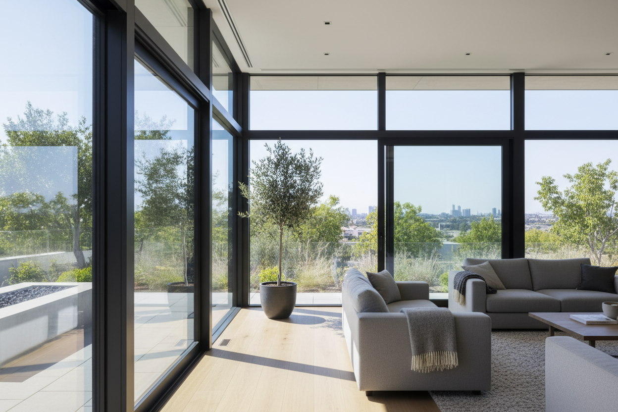 The Fusion Series features entry-level thermally broken aluminium window and door systems designed to improve comfort and energy efficiency without compromising value.

A smart upgrade for modern homes, Fusion balances performance, durability, and clean design for everyday living.

generate a photo for windows and doors to reflect the above description. 
