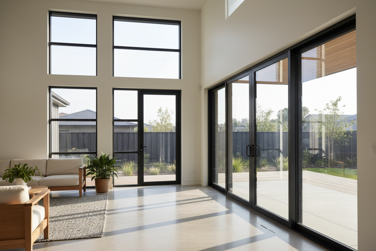 The Fusion Series features entry-level thermally broken aluminium window and door systems designed to improve comfort and energy efficiency without compromising value.A smart upgrade for modern homes, Fusion balances performance, durability, and clean design for everyday living.

generate a photo for aluminium windows and doors presenting what is described above.